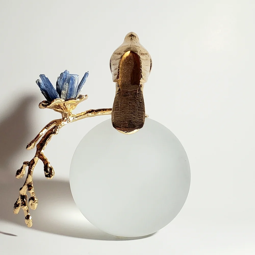 Modern Minimalist Art Glass Sculpture with Gold Tone Bird  & Quartz Gemstones